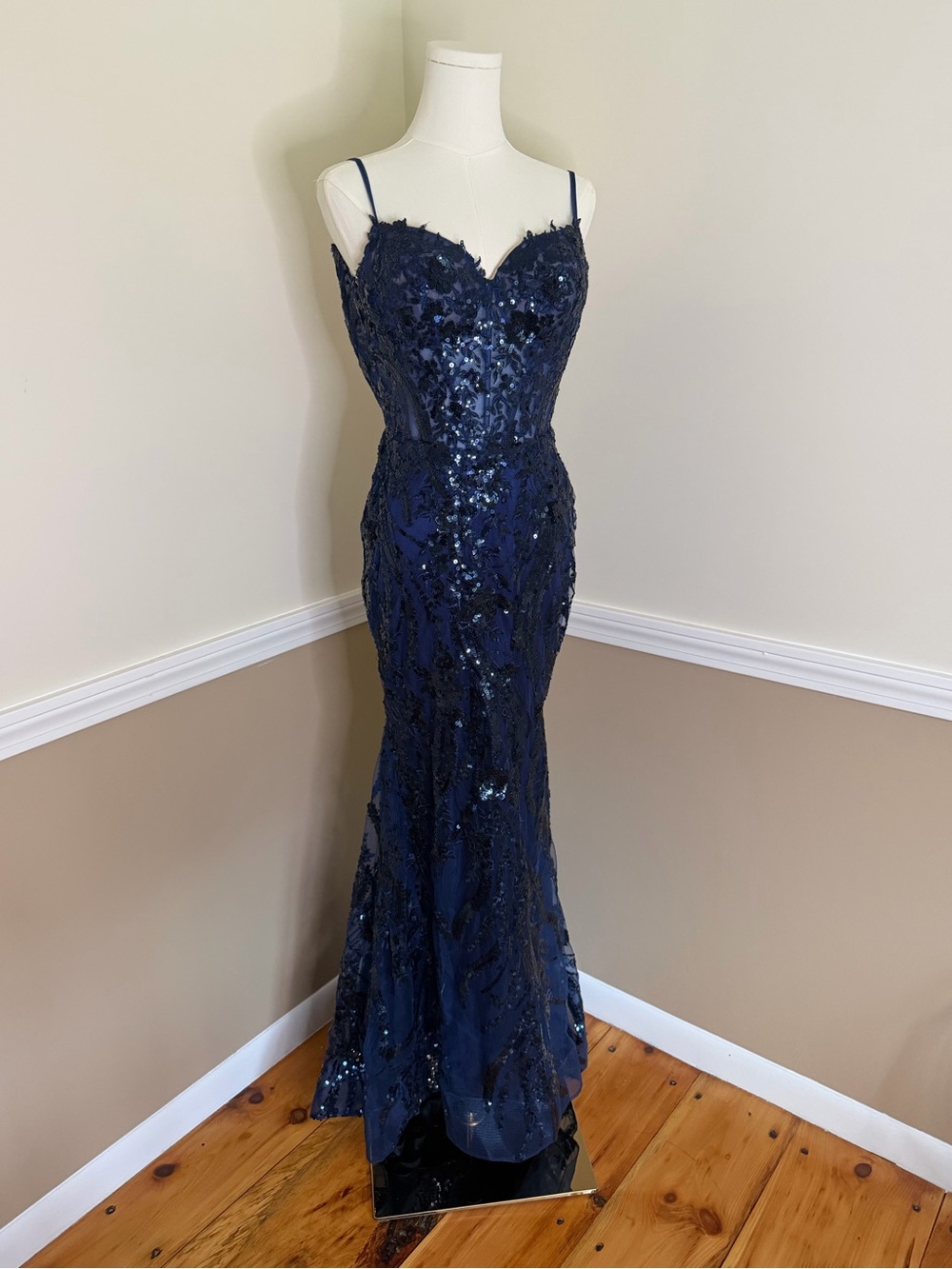 Sherri Hill Navy Sequin Spaghetti Strap Prom Gown